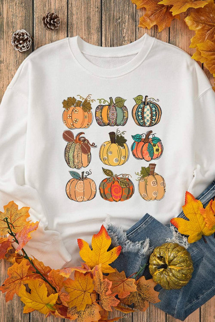 Beige Thanksgiving Pumpkin Print Drop Shoulder Sweatshirt Beige Thanksgiving Pumpkin Print Drop Shoulder Sweatshirt