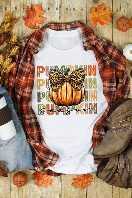 White PUMPKIN Season Leopard Bow Print Crew Neck T Shirt White PUMPKIN Season Leopard Bow Print Crew Neck T Shirt