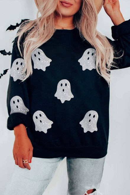 Black Glitter Ghost Pattern Crew Neck Halloween Sweatshirt Black Glitter Ghost Pattern Crew Neck Halloween Sweatshirt
