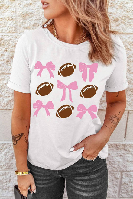 White Bowknot Rugby Football Printed Game Day T Shirt White Bowknot Rugby Football Printed Game Day T Shirt