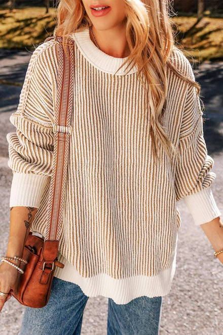 Chestnut Striped Textured Knit Contrast Edge Loose Sweater Chestnut Striped Textured Knit Contrast Edge Loose Sweater