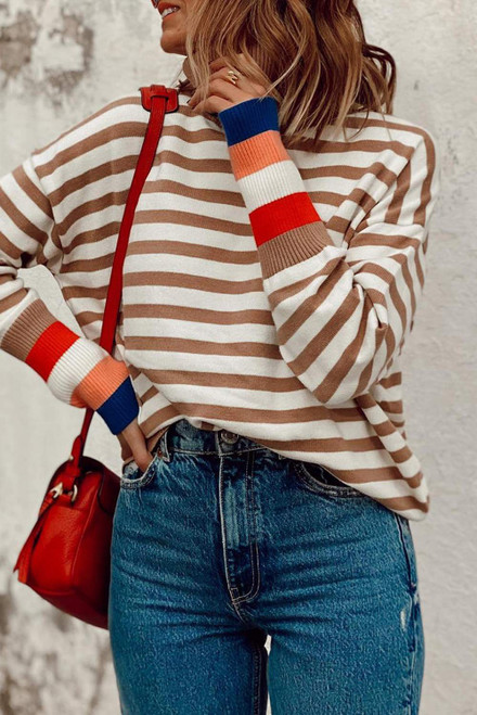 Brown Stripe Colorblock Bishop Sleeve Turtleneck Sweater