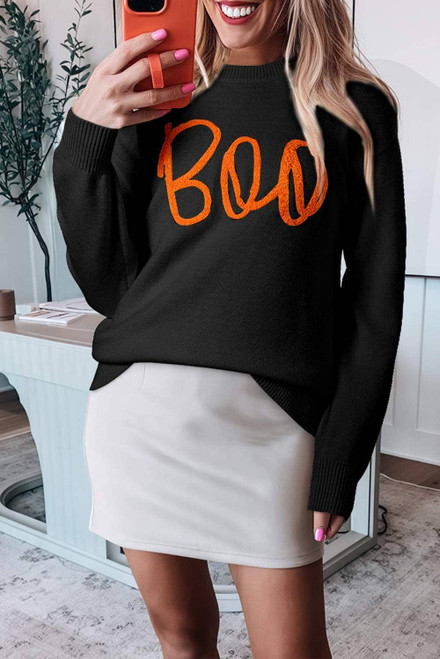 Black Boo Knitted Pattern Ribbed Edge Drop Shoulder Sweater Black Boo Knitted Pattern Ribbed Edge Drop Shoulder Sweater