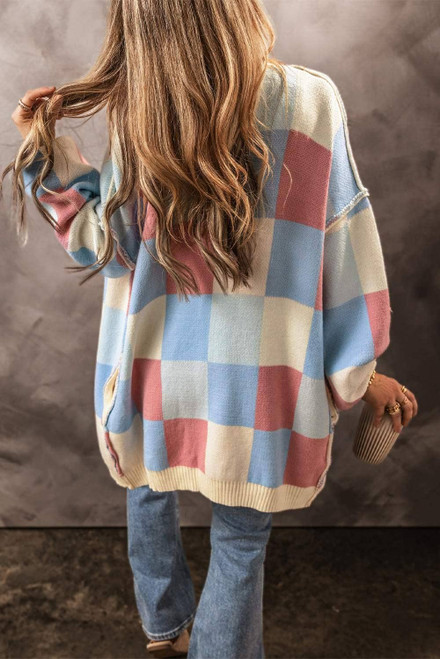Light Blue Checkered Drop Shoulder Exposed Seam Open Front Cardigan