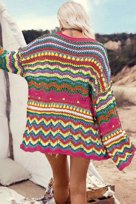 Rose Red Colorblock Striped Hollowed Knit Loose Sleeve Sweater Rose Red Colorblock Striped Hollowed Knit Loose Sleeve Sweater