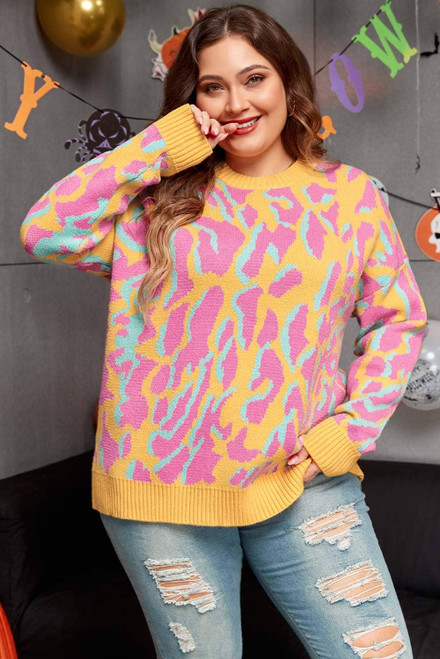 Bright Pink Plus Size Leopard Ribbed Trim Sweater Bright Pink Plus Size Leopard Ribbed Trim Sweater