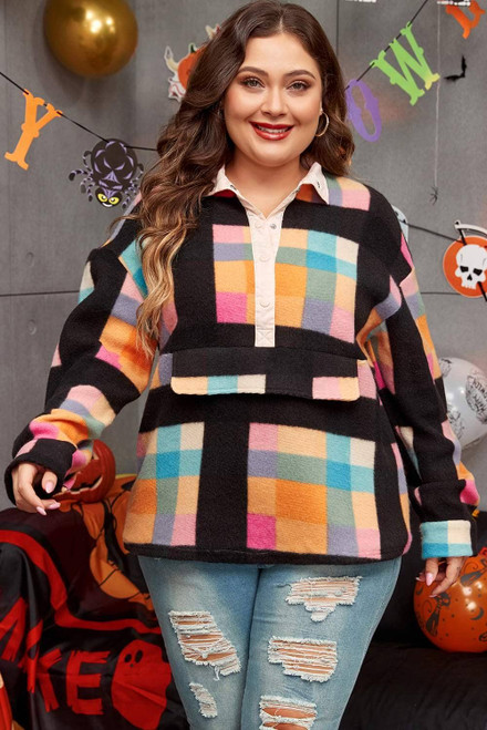 Black Plus Size Checkered Print Sherpa Henley Sweatshirt