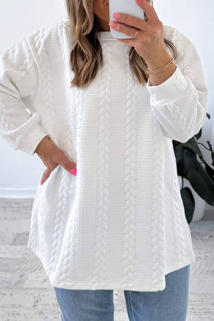 White Cable Textured Loose Plus Size Sweatshirt White Cable Textured Loose Plus Size Sweatshirt