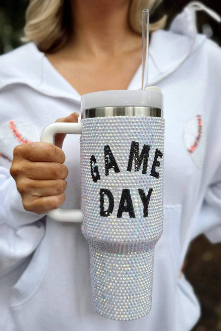 White GAME DAY Rhinestone Handle Large Tumbler 40oz White GAME DAY Rhinestone Handle Large Tumbler 40oz