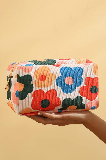 White Flower Print Zipper Square Corduroy Cosmetic Bag White Flower Print Zipper Square Corduroy Cosmetic Bag