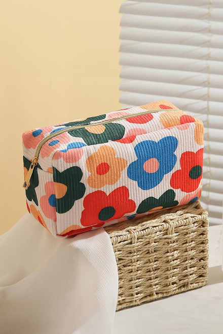 White Flower Print Zipper Square Corduroy Cosmetic Bag White Flower Print Zipper Square Corduroy Cosmetic Bag