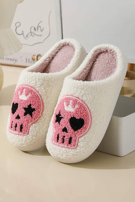 White Halloween Skull Printed Plush Winter Home Slippers