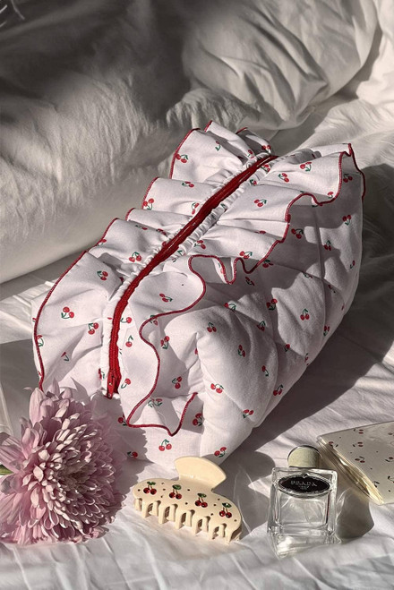 White Quilted Cherry Printed Ruffled Zipper Makeup Bag White Quilted Cherry Printed Ruffled Zipper Makeup Bag