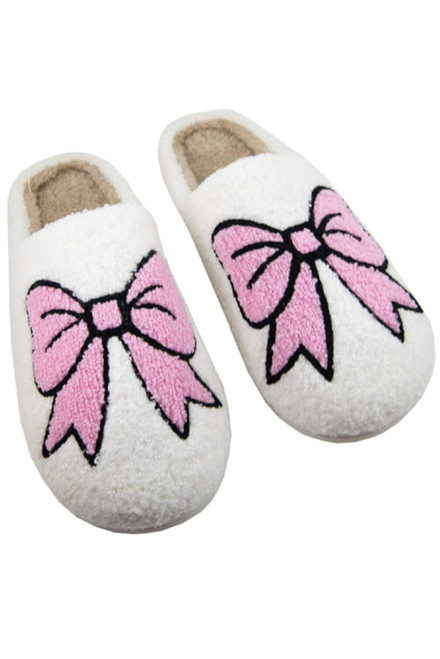 White Cute Bowknot Pattern Fuzzy Winter Home Slippers White Cute Bowknot Pattern Fuzzy Winter Home Slippers