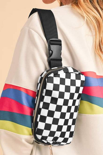 White Checkered Print Buckle Wide Belt Crossbody Bag White Checkered Print Buckle Wide Belt Crossbody Bag