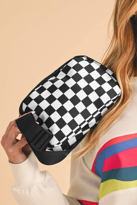 White Checkered Print Buckle Wide Belt Crossbody Bag White Checkered Print Buckle Wide Belt Crossbody Bag