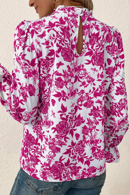 Rose Floral Print Flounce Sleeve Keyhole Back Blouse Rose Floral Print Flounce Sleeve Keyhole Back Blouse