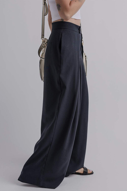 Dirty blue Dual Buttoned High Waist Pleated Wide Leg Pants