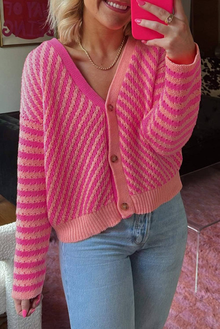 Pink Striped Buttoned V Neck Drop Shoulder Cardigan Pink Striped Buttoned V Neck Drop Shoulder Cardigan