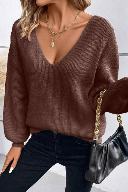 Coffee Lantern Sleeve V Neck Knot Back Sweater