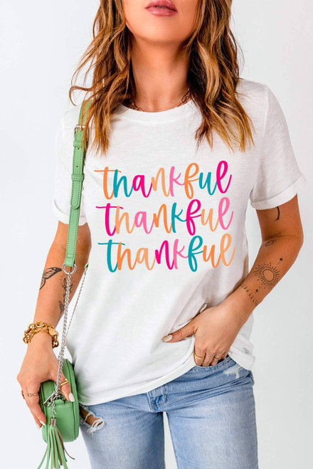 White Thankful Printed Crewneck Thanksgiving T Shirt