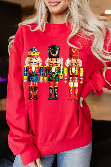 Red Christmas Metallic Nutcracker Graphic Crew Neck Sweatshirt Red Christmas Metallic Nutcracker Graphic Crew Neck Sweatshirt