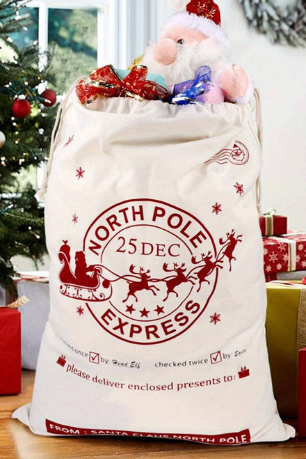 White Christmas Santa Claus Elk Letter Print Drawstring Gift Sack Bag White Christmas Santa Claus Elk Letter Print Drawstring Gift Sack Bag