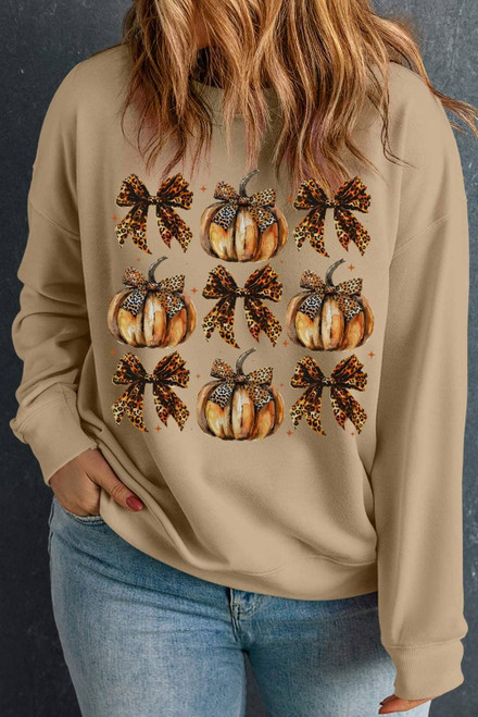 Apricot Halloween Leopard Pumpkin Bow Knot Print Plus Size Sweatshirt