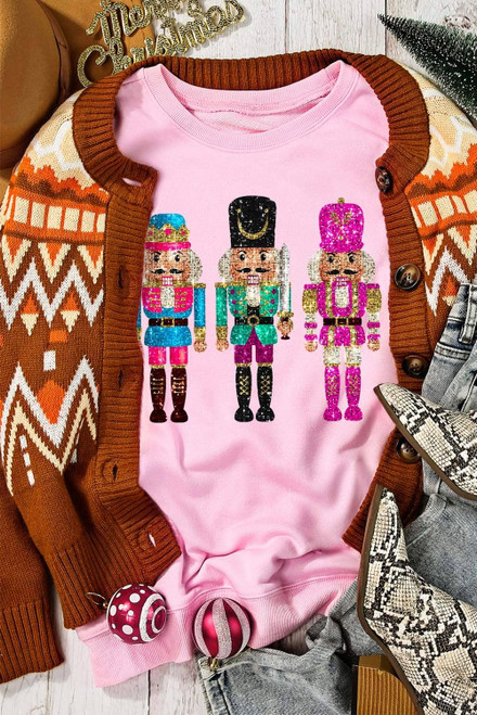 Pink Cute Nutcracker Printed Drop Shoulder Christmas Sweatshirt Pink Cute Nutcracker Printed Drop Shoulder Christmas Sweatshirt