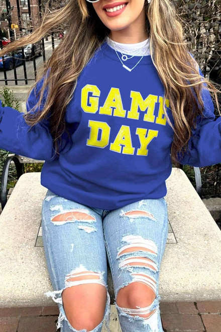Dark Blue Game Day Crew Neck Graphic Pullover Sweatshirt Dark Blue Game Day Crew Neck Graphic Pullover Sweatshirt