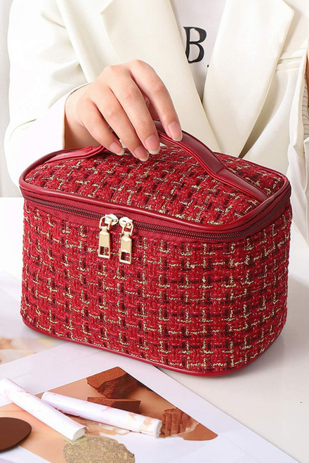 Fiery Red Plaid Zipper Large Cosmetic Bag with Handle Fiery Red Plaid Zipper Large Cosmetic Bag with Handle