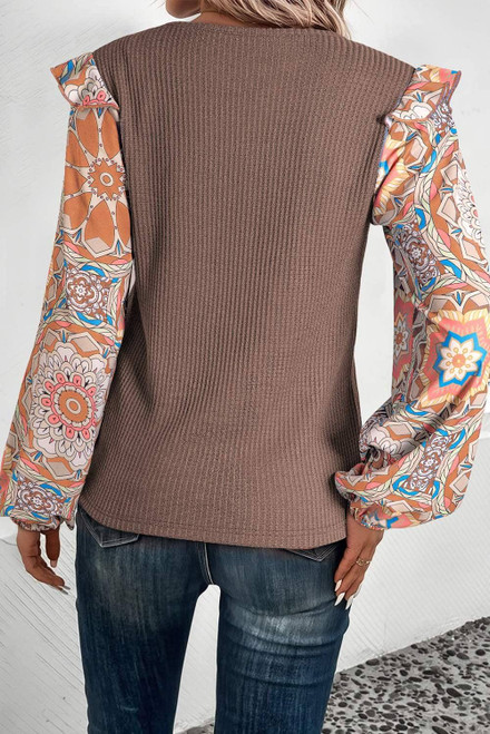 Coffee Ruffled Floral Sleeve Patchwork Waffle Knit O Neck Blouse Coffee Ruffled Floral Sleeve Patchwork Waffle Knit O Neck Blouse