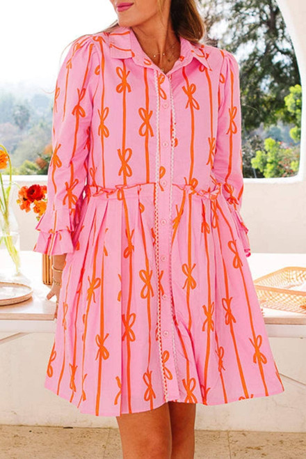 Pink Bowknot Striped Printed Tiered Ruffled Mini Shirt Dress Pink Bowknot Striped Printed Tiered Ruffled Mini Shirt Dress