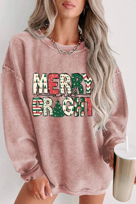 Pink MERRY and BRIGHT Christmas Tree Print Ribbed Sweatshirt Pink MERRY and BRIGHT Christmas Tree Print Ribbed Sweatshirt