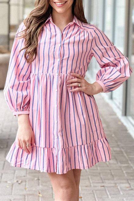 Pink Stripe Ruffled Hem Button-up Collared Shirt Mini Dress Pink Stripe Ruffled Hem Button-up Collared Shirt Mini Dress