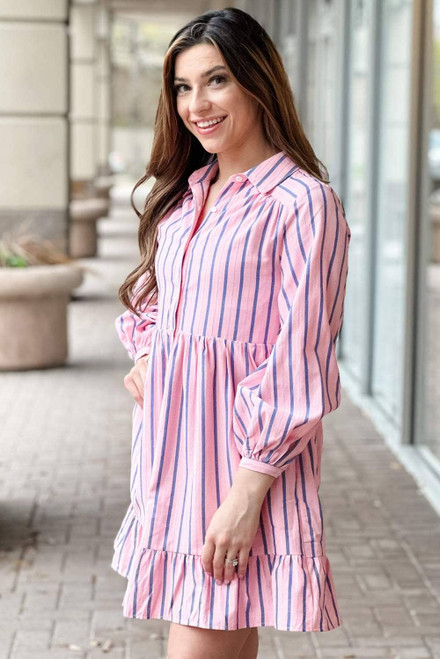 Pink Stripe Ruffled Hem Button-up Collared Shirt Mini Dress Pink Stripe Ruffled Hem Button-up Collared Shirt Mini Dress