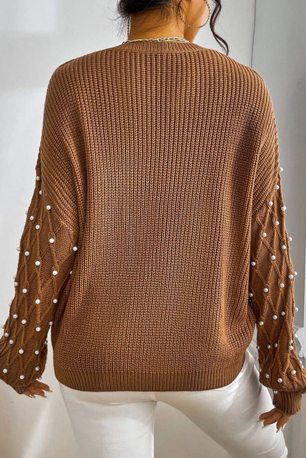 Chestnut Beaded Drop Shoulder Round Neck Sweater