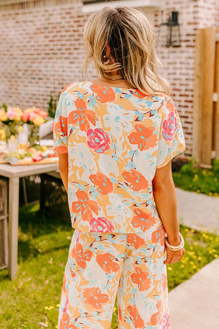 Orange Vibrant Floral Printed Short Sleeve Top 2 Piece Pants Set