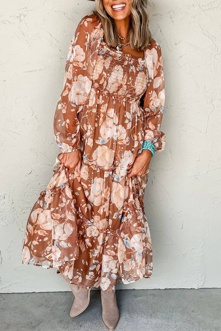 Brown Floral Print Shirred Square Neck High Waist Maxi Dress Brown Floral Print Shirred Square Neck High Waist Maxi Dress