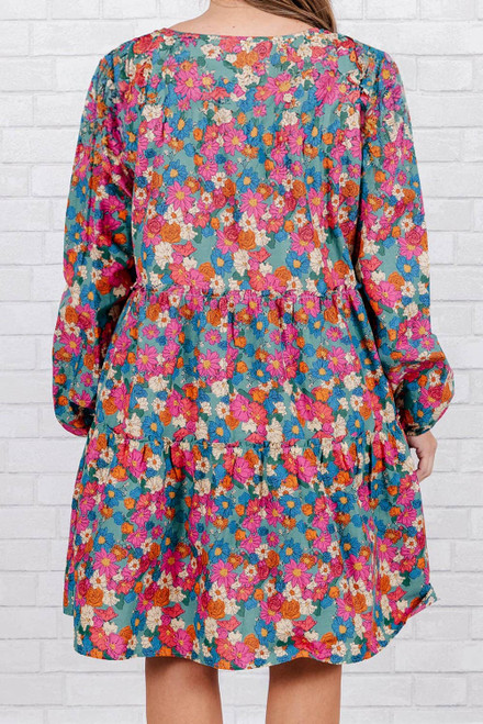 Sky Blue Plus Size Floral Print Shirred Ruffle Tiered Mini Dress Sky Blue Plus Size Floral Print Shirred Ruffle Tiered Mini Dress