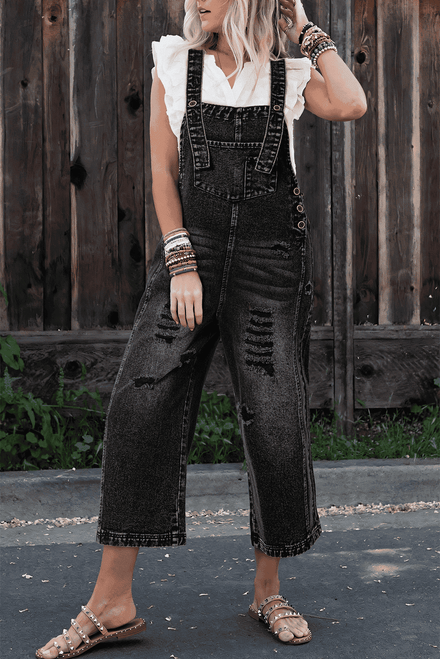 Black Distressed Bib Pocket Wide Leg Denim Overall Black Distressed Bib Pocket Wide Leg Denim Overall