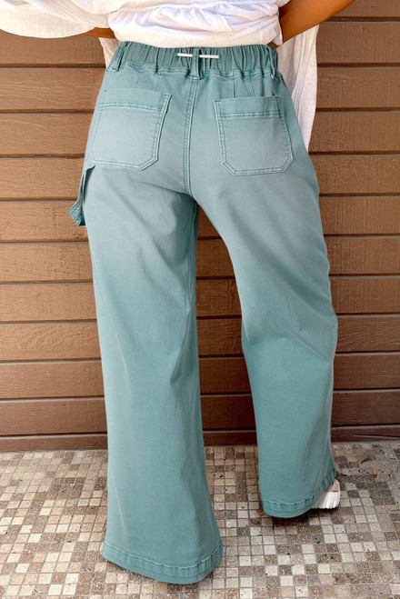 Smoke Green Mineral Wash Drawstring High Waist Wide Leg Jeans Smoke Green Mineral Wash Drawstring High Waist Wide Leg Jeans
