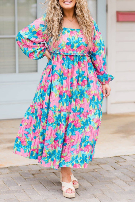 Sky Blue Floral Allover Print Shirred Square Neck Plus Size Maxi Dress Sky Blue Floral Allover Print Shirred Square Neck Plus Size Maxi Dress