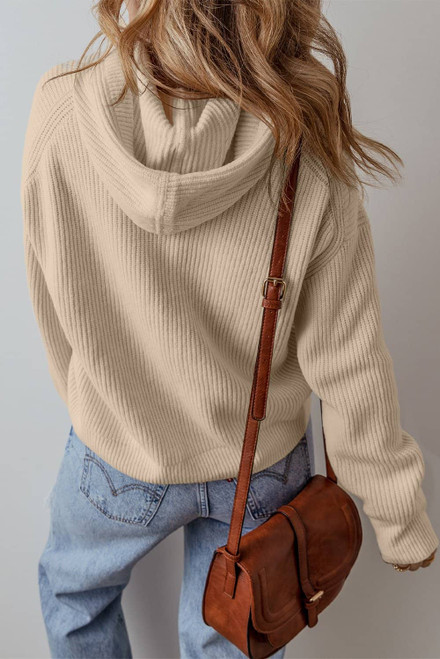 Beige Solid Color Drawstring Hooded Drop Shoulder Pullover Sweater Beige Solid Color Drawstring Hooded Drop Shoulder Pullover Sweater
