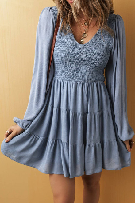Ashleigh Blue Long Sleeve V Neck Smocked Tiered Mini Dress Ashleigh Blue Long Sleeve V Neck Smocked Tiered Mini Dress