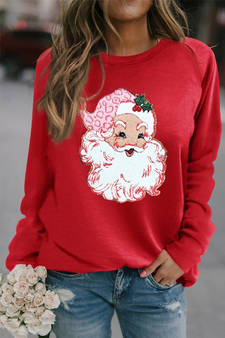 Red Santa Claus Graphic Crewneck Raglan Sleeve Christmas Sweatshirt