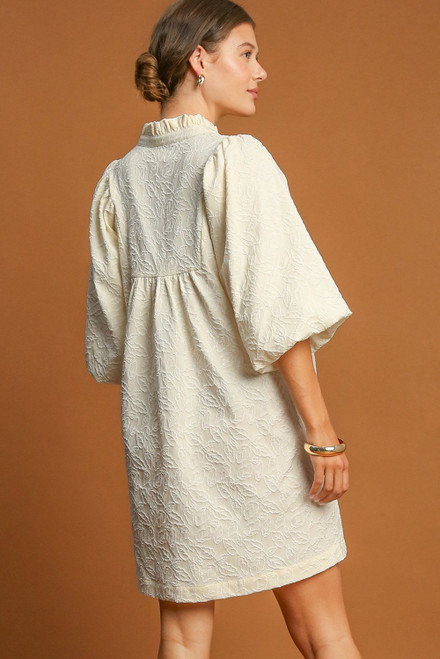 White Floral Textured Bubble Sleeve Frilled Notched Neck Dress