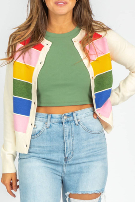 White Stripe Colorful Pattern Button Front Sweater Cardigan White Stripe Colorful Pattern Button Front Sweater Cardigan