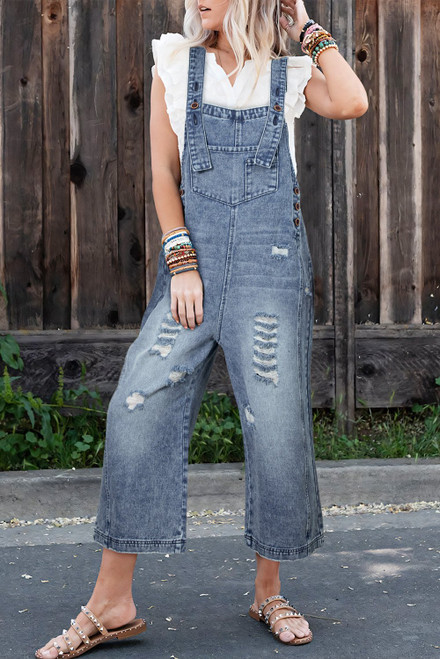 Stone Blue Distressed Bib Pocket Wide Leg Denim Overall Stone Blue Distressed Bib Pocket Wide Leg Denim Overall