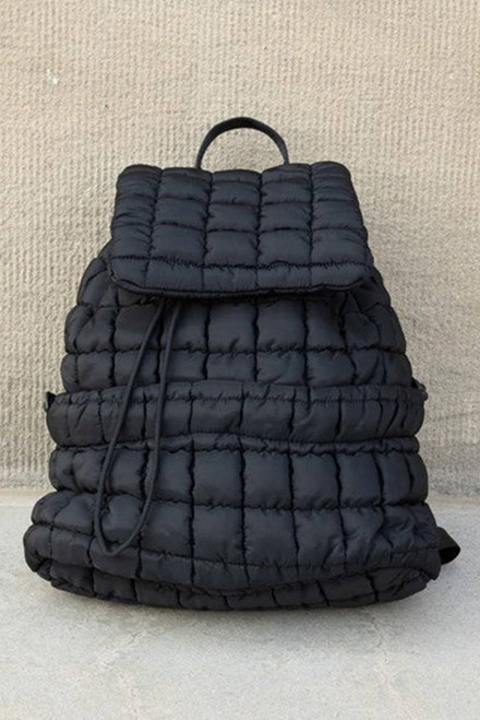 Black Solid Flapped Quilted Puffer Backpack Black Solid Flapped Quilted Puffer Backpack